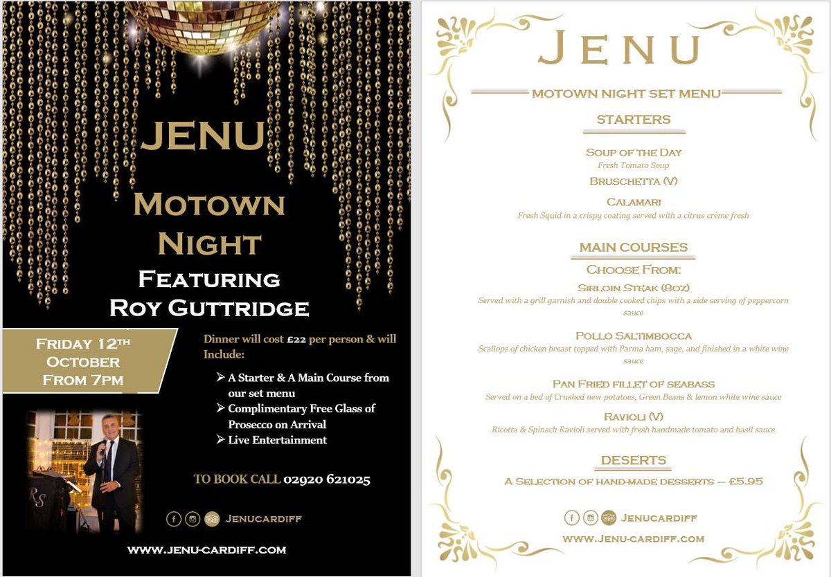 JENU_CARDIFF's tweet photo. A NIGHT NOT TO MISS!!!
Join Us For An Evening Of Soul & Motown With "Roy Guttridge" Singing Live With Us
12th October From 8.00pm @ https://t.co/0JzurNUiHj
#jenu #jenucardiff #soul #motown #restaurant #cardiffdining #cardiffrestaurant https://t.co/IlnRJuM3lK
