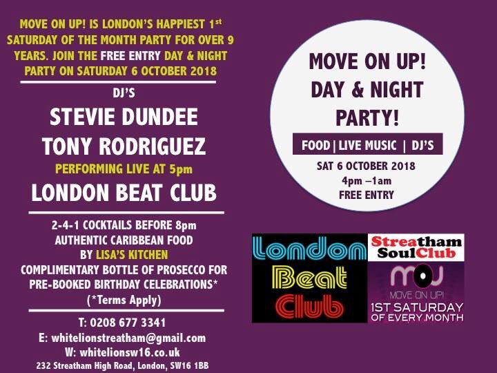 SW16SoulClub's tweet photo. Join the big MOVE ON UP party at the funkiest bar in #London on Saturday 6 October. Live music at 5pm followed by DJ’s Stevie Dundee &amp; Tony Rodriguez. FREE entry!! £7 buffet &amp; 241 cocktails before 8pm. Music to 1am. #GoodTimes #Streatham #Soul https://t.co/Wpk0Wn1HrZ