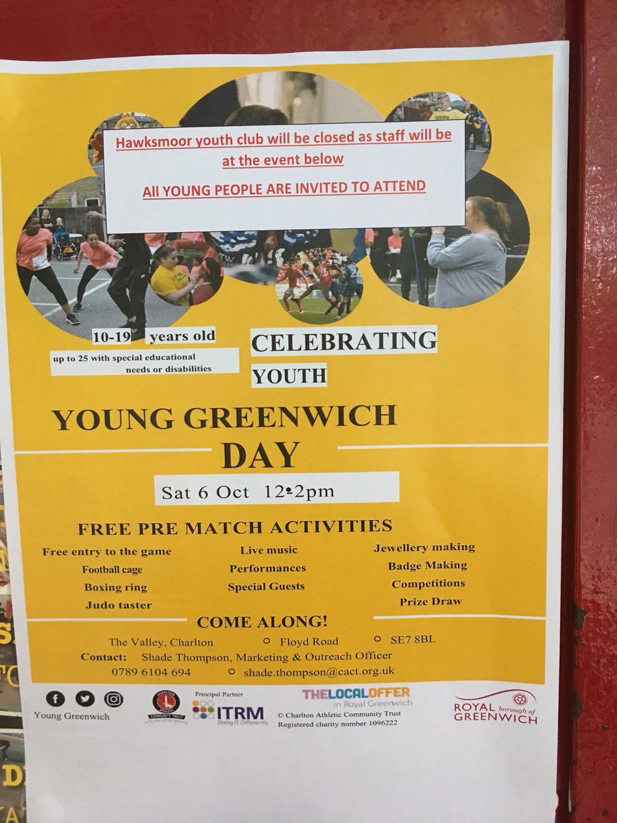 HawksmoorYouth's tweet photo. Hawksmoor youth club is closed this Saturday so Come on over to The Valley for #YGD2018 #london @YoungGreenwich Take part in activities & see what Young Greenwich is all about. #music #boxing #dance #fun #family #friends @CAFCTrust All welcome https://t.co/Nr8x5DR0qo
