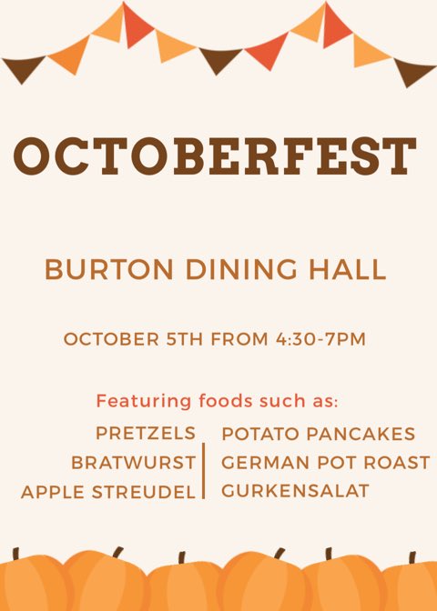 hornetdining's tweet photo. Octoberfest is tonight in the Burton Dining Hall. We can’t wait to see everyone there! 🍁 🎃 https://t.co/Zk8JqtK1V4