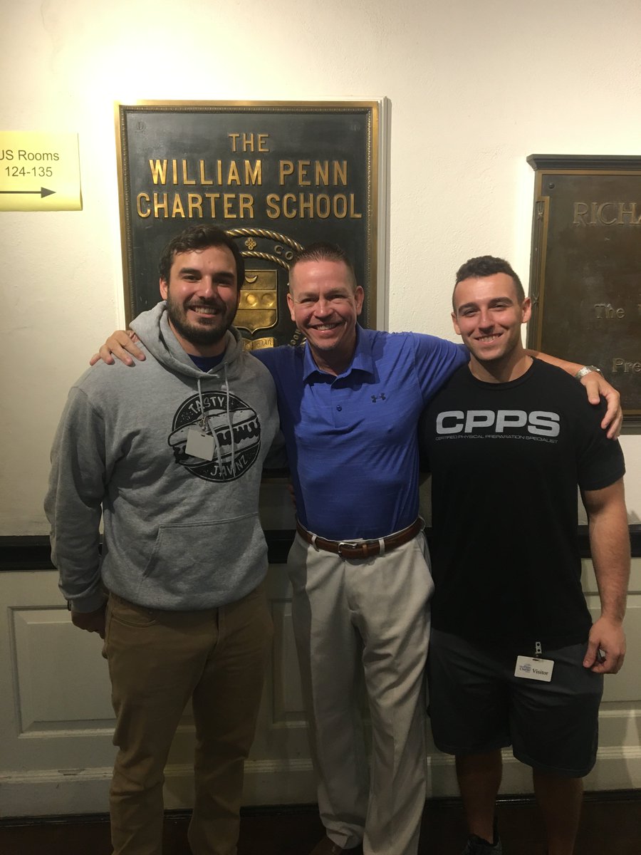PennCharter's tweet photo. SPOTTED! Jared Massaro and Gian Regni both OPC ‘12, flanking Mr. McCloskey OPC ‘82. Massaro is an engineer & foodie, Regni just opened his own gym at 6th & South, G-Strength. #welovewhenOPCsvisit #welcomeback #cheesesteaksanddeadlifts #andmath https://t.co/W0AMT3cNos