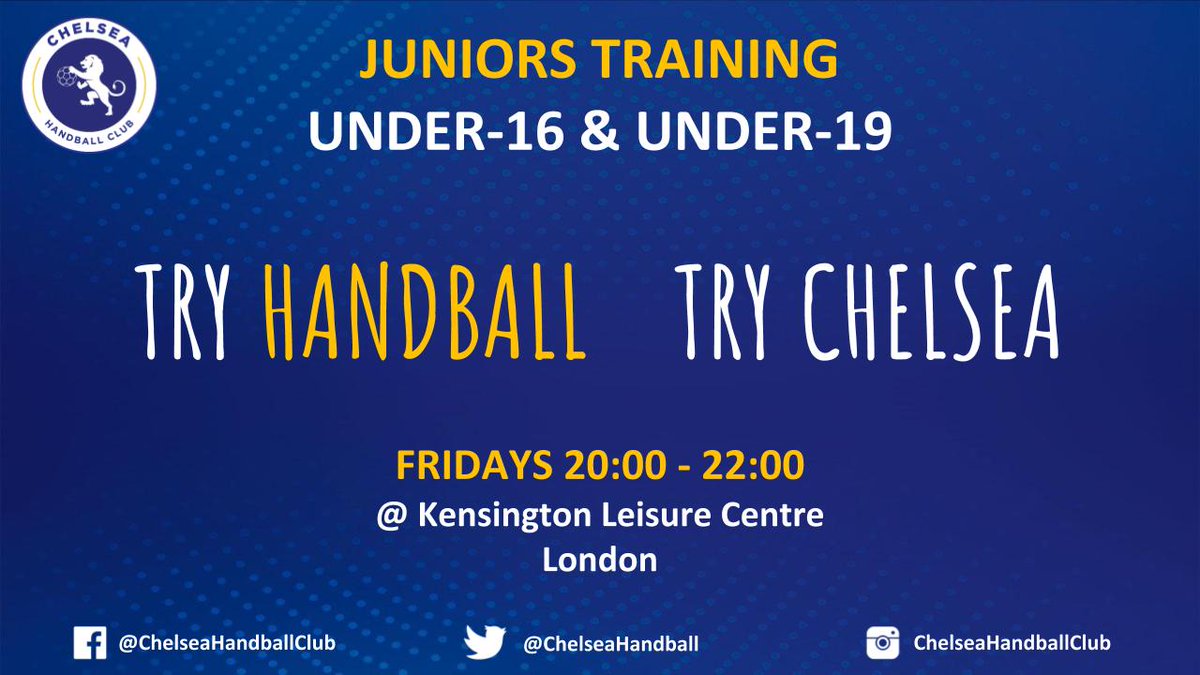 ChelseaHandball's tweet photo. 🚨 Juniors Training 🚨
Come to Kensington Leisure Centre every Friday from 20 to 22h and have fun while playing with #ChelseaHandball one of the fastest-growing Olympic sport in schools in the UK!
#tryhandball
#tryChelsea
@RBKC @Better_UK https://t.co/QdtvjS5NVx
