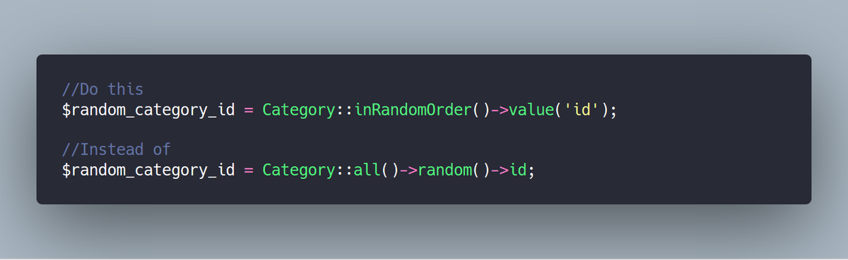 clemir's tweet photo. No es necesario traer todos los registros de un modelo en #Laravel para obtener un id aleatorio, puedes ordenarlos con inRandomOrder() y solo traer el id del primer registro. #StydeTips https://t.co/F5PWzkw46S