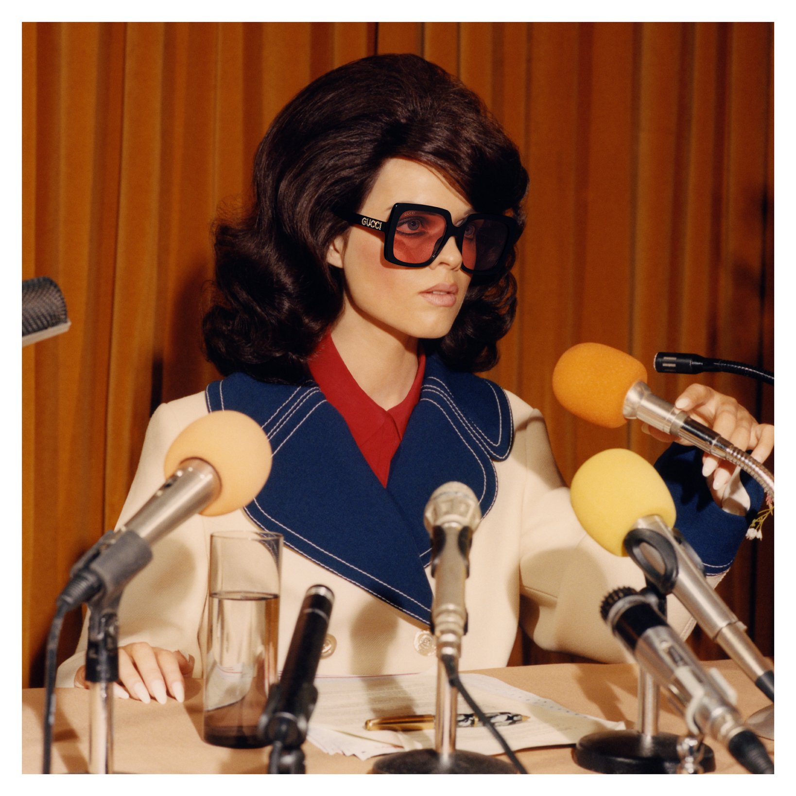 gucci on X Oversize rectangular frame acetate sunglasses from GucciFW18 appear in the new GucciEyewear campaign inspired by press interviews held in the 70s and 80s. AlessandroMichele Photographer Col...