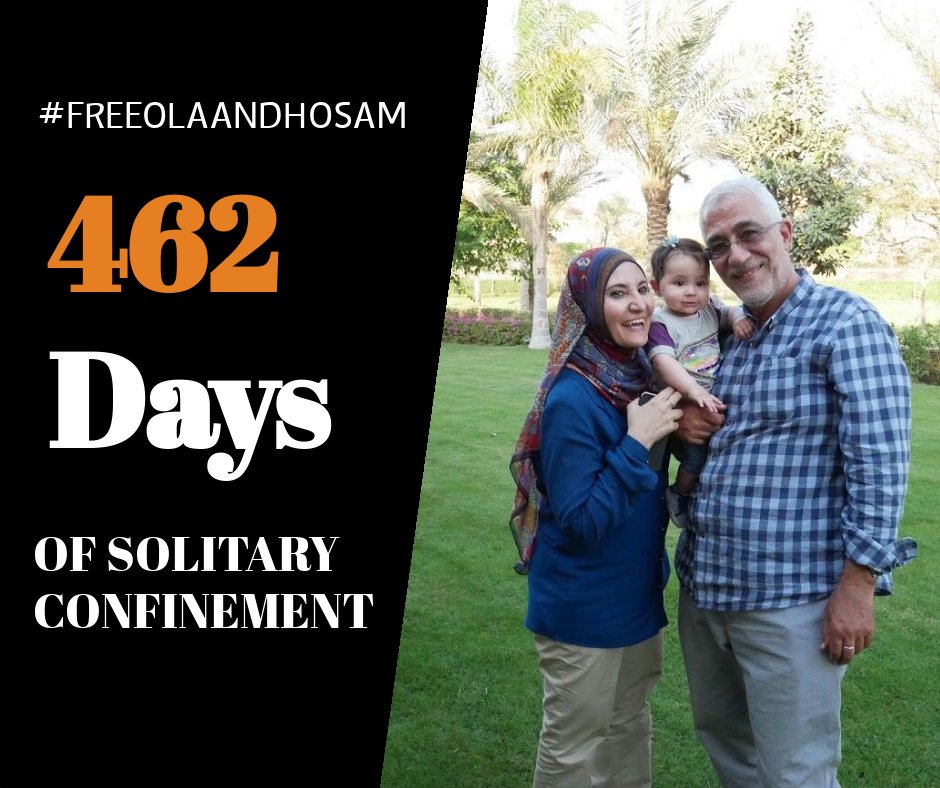 FreeOlaandHosam's tweet image. Ola is the longest female political prisoner held in #solitaryconfinement in #Egypt. She spends 23 hours/day in a windowless cell, deprived of proper food, access to a washroom &amp;amp; any communication with her family. The verbal &amp;amp; physical #abuse is ongoing. #462days #FreeOlaandHosam
