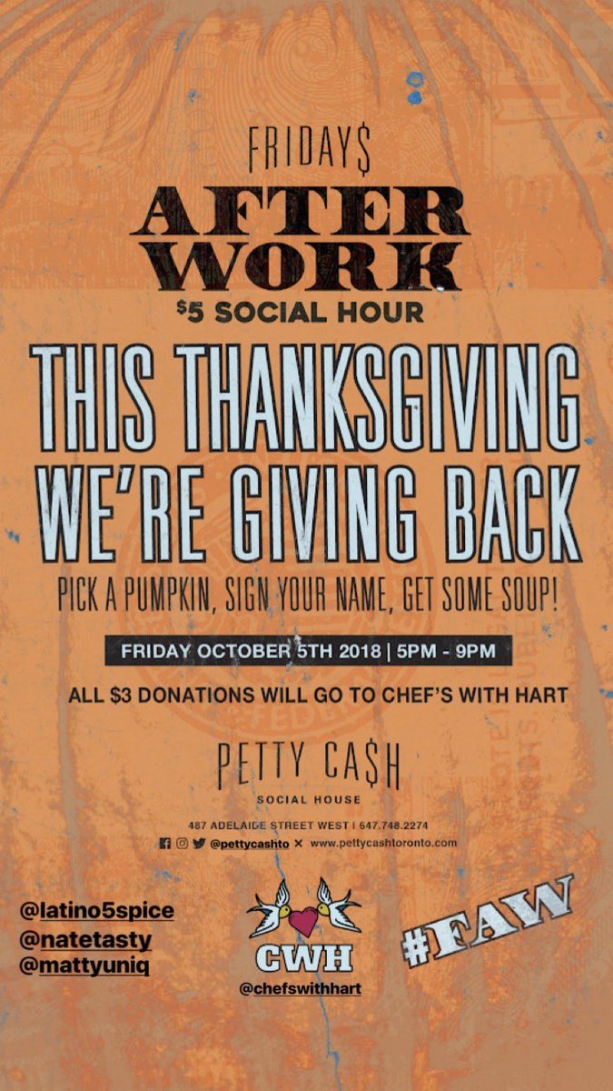 pettycashTO's tweet photo. Come by Petty Cash tonight during Friday’s After Work and paint a pumpkin for @chefswithhart! Grab a drink, grab a pumpkin and get creative! 🎃 https://t.co/wZoyaonAoK