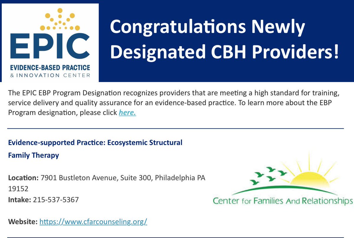 OfficialCFAR's tweet image. WE DID IT! Center for Families and Relationships is the first agency to receive a Program Designation for Ecosystemic Structural Family Therapy (ESFT) in #Philadelphia! #MentalHealth