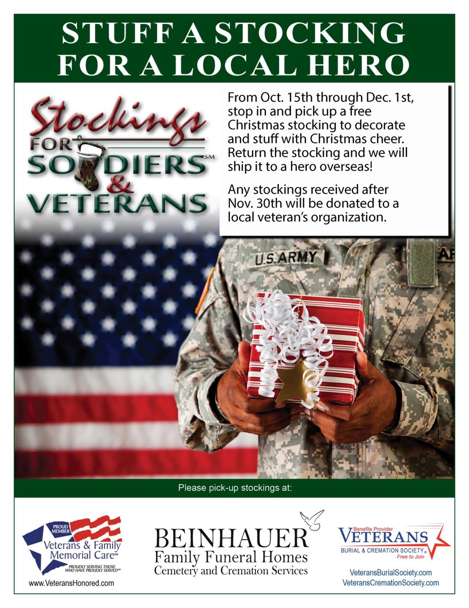 BeinhauerCares's tweet photo. The Beinhauer 4th Annual Stockings for Soldiers Program will begin on October 15th and conclude on November 30th.  Any stockings donated after November 30th will be given to local veterans charities.  For more information, please see the fliers or call Amanda at 724-969-0200. https://t.co/CrAfJRvSIP