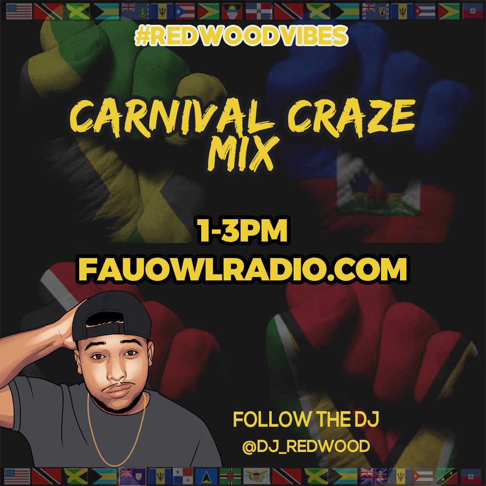 FAUCSA's tweet image. GET READY FI DI ROAD 
W/@DJ_Redwood 

CARNIVAL Craze mix
#RedwoodVibes 
1-3PM 

Tune in at 
FauOwlRadio.com/stream