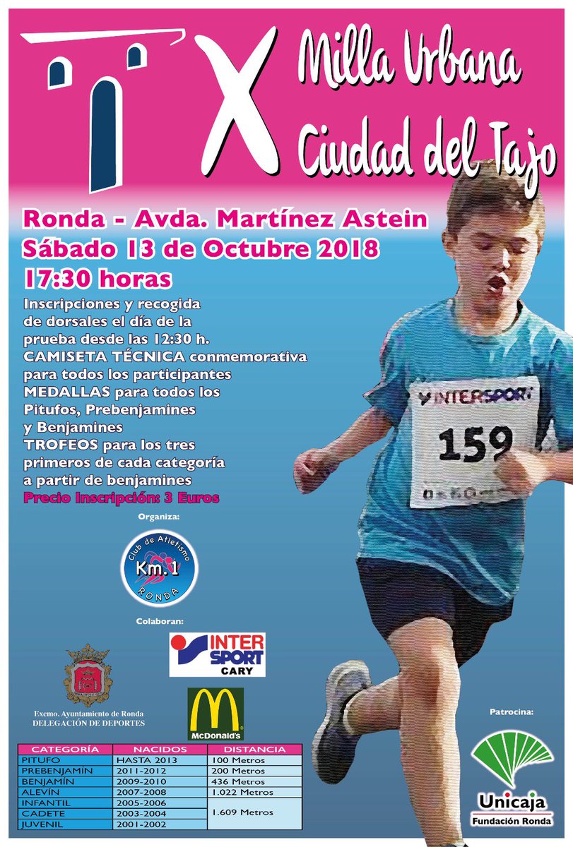 Km1Ronda's tweet photo. Recordamos que El próxima sábado día 13 de octubre se celebrará 
La décima edición de la Milla Urbana ciudad del Tajo. Os esperamos !!!! https://t.co/dLTTZ8ib2C