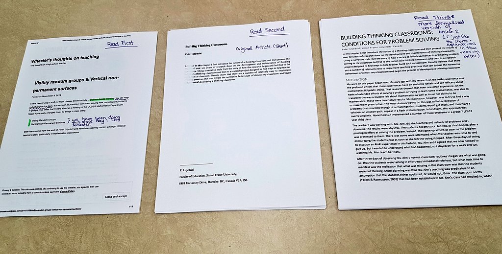 m_lambruschini's tweet photo. Leaving some articles for the LTO taking over my class about #VNPS and #thinkingclassrooms to explain what we've done so far @pgliljedahl - these have changed my practice SO much! #ADSBLearns #LearnWLambo #adsbmath https://t.co/pX8yFYliA7