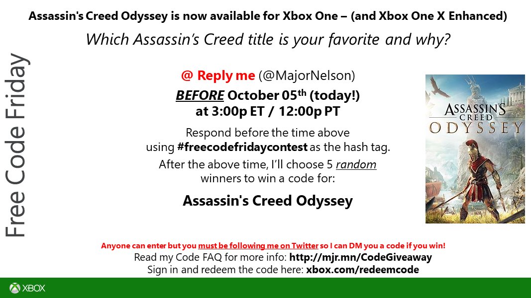 Larry Hryb 💫✨ on X: "#freecodefridaycontest time. Read this and you could  win a code for Assassin's Creed Odyssey on Xbox One. Good luck.  https://t.co/fEtryIim3C" / X