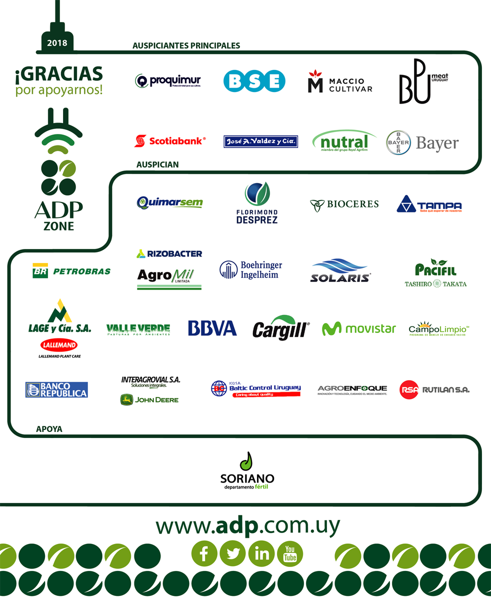 adp_uruguay's tweet photo. Su apoyo hace posible este evento que hacemos con tantas ganas. ¡¡Gracias!! #ADPZONE18  @Proquimur @bseuruguay @grupomaccio @ScotiabankUy @ValdezyCia @Nutral_agrifirm @BayerConoSur @grupobioceres @petrobras @lageycia @bbva @Movistar_UY @CampoLimpio_uy @Interagrovial https://t.co/eQCEN2ubZJ
