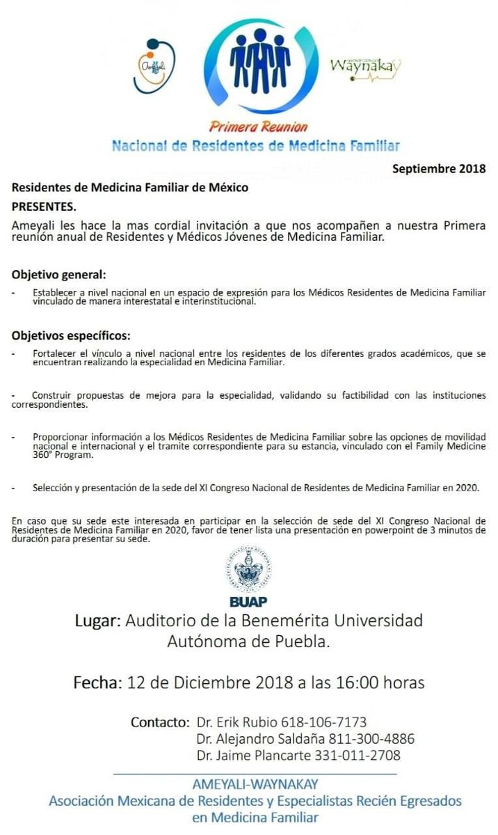 MinervaHdez7's tweet photo. Acude a la primera #ReunionDeResidentes de #MedicinaFamiliar que se llevará a cabo en la ciudad de Puebla el 12 de diciembre de 2018. No faltes!!!!!. 💜MedFam https://t.co/OK4qjIWrxx