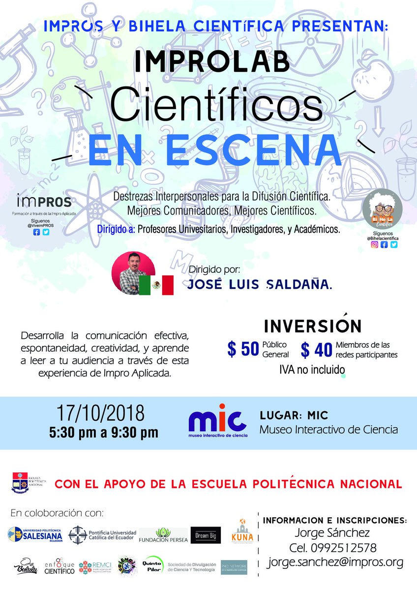 Bihelacientific's tweet image. Vive la experiencia #ImproLab de @ViveimPROS conecta con tú público y transforma la forma de comunicar #comunicaciencia #Quito #Ecuador