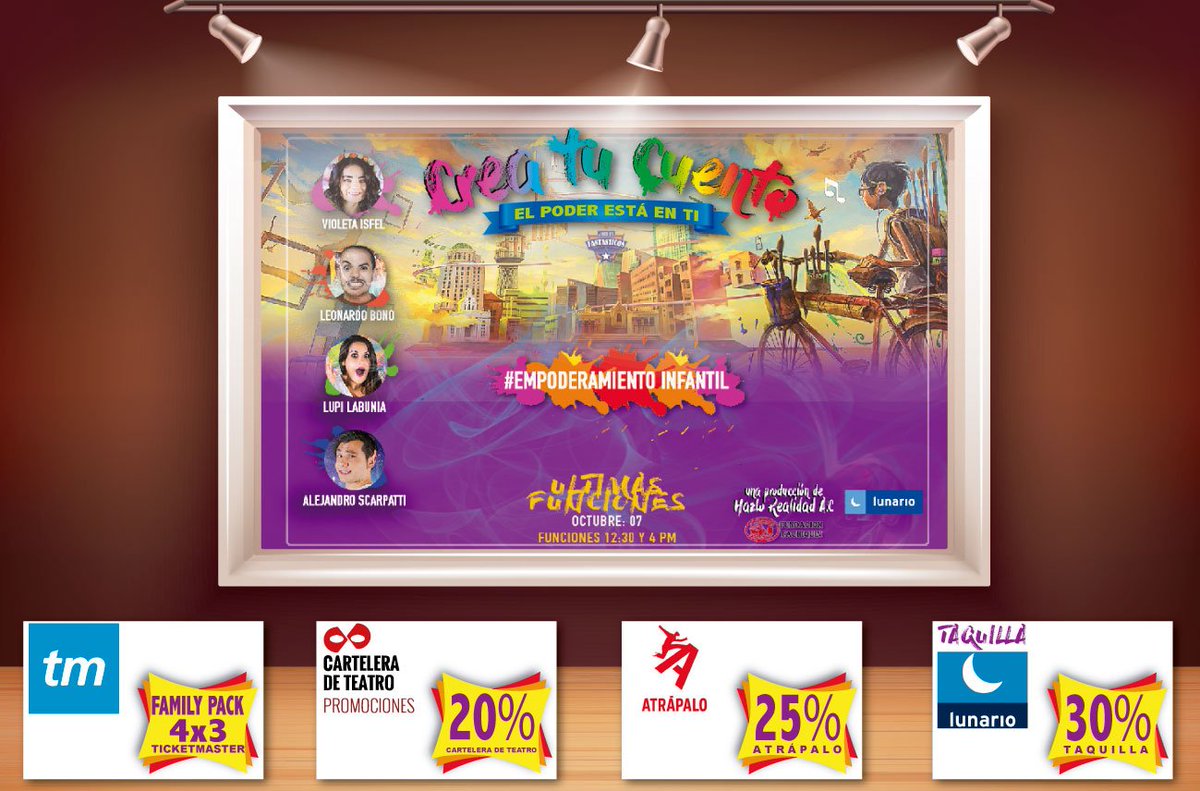 Promociones y Descuentos Especiales ÚLTIMAS FUNCIONES
<a href="/TicketmasterMe/">Ticketmaster Middle East</a> 👉🏻 goo.gl/A5bCUn
#PromocionesCarteleradeTeatro 👉🏻 goo.gl/LWe2rM
<a href="/AtrapaloMexico/">Atrápalo México</a> 👉🏻 goo.gl/2omdyD
Taquilla del <a href="/LunarioMx/">Lunario</a> 
🗓 07 Oct 2018 🕧 12:30pm y 4pm
#EmpoderamientoInfantil