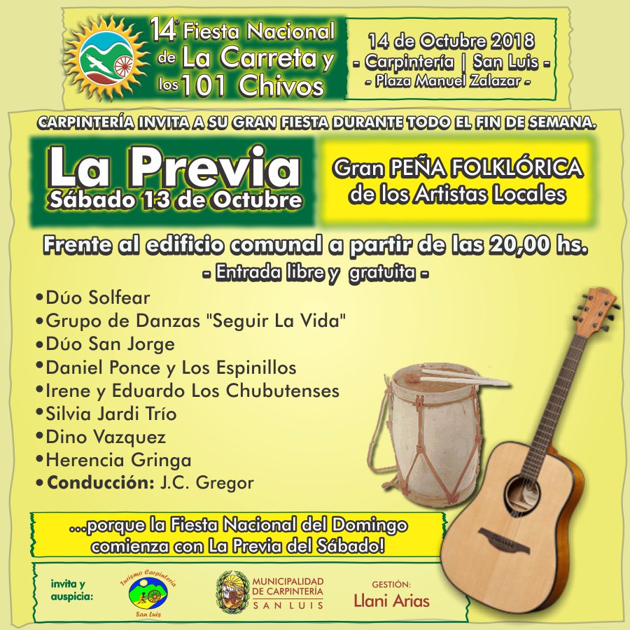 TurCarpinteria's tweet photo. "LA PREVIA"
Te invitamos el Sábado 13 de Octubre a partir de las 20:00 hs, frente al edificio comunal (calle San Martín) a vivir y compartir una gran peña folclórica en cercanía a la realización de #14FiestaNacionaldelaCarretay101chivos #folclore
#música
#artistas
#danzas https://t.co/s2gSw1KyKc