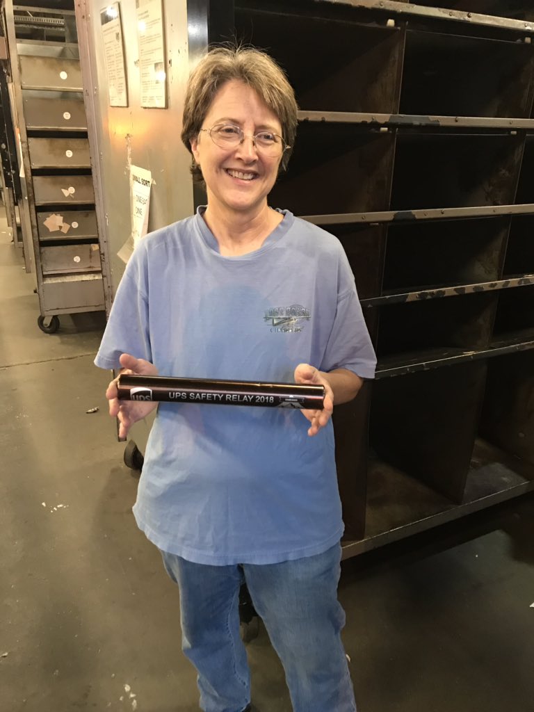 Small Sort employee, Valerie, holds the #UPSSafetyRelay baton for the Twilight Sort - one more work day to bring home a zero injury week.  <a href="/JustinM0217/">JustinM0217</a> <a href="/HubAlabama/">Montgomery Hub</a> @MidSouthUPSers <a href="/UPSers/">UPSers</a> <a href="/ETHubFdrUPSers/">ET Hub/FeederUPSers</a> @UPStempe @Icolemanjr1