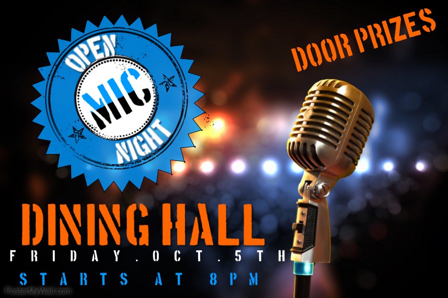 ElmsActivities's tweet photo. Open mic night begins in the Dining Hall at 8:00 pm! See you there! https://t.co/WWlOxC6n1E
