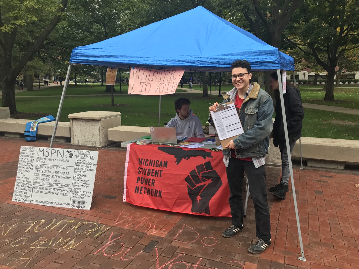 UmichRC's tweet photo. Thanks to @UmichRC students who are registering people to vote in Michigan before the October 9th deadline -- here's Mani Samei, sophomore, and John Kistler, RC STP major senior, volunteering w/MI Student Power Network on the diag @RockTheVote #LSAVotes https://t.co/VsJqnH0144