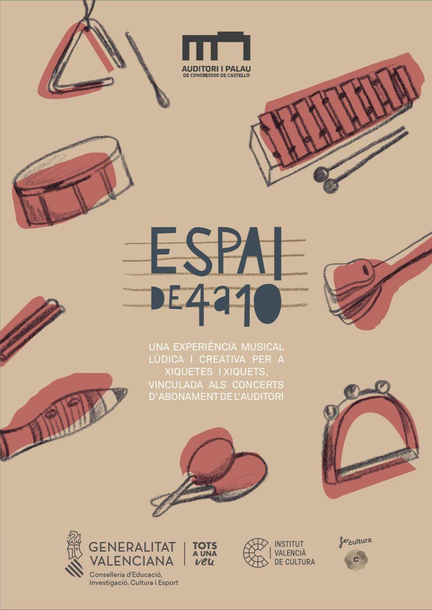 🎶COMENCEM ESPAI DE 4 A 10!🎶 📆 Dissabte 6 d'octubre a les 19:30h. Si vens als concerts d’abonament de l’Auditori amb xiquets, mentre tu gaudeixes del concert, ells es divertiran aprenent música 📧 Informació i/o pre-inscripció: grande_sof@gva.es ☎️ 964 727 580 💶 3 €