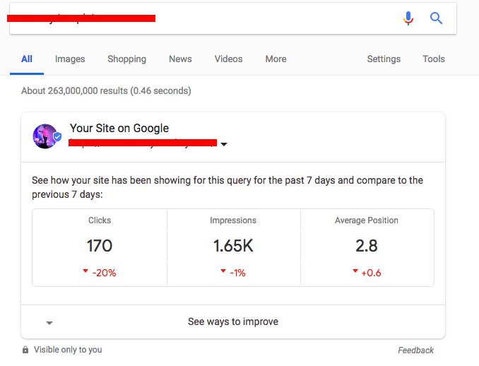 agencyexo's tweet image. Not sure whether this is annoying or helpful, but it's pretty cool that Google is showing a snapshot of my performance when I conduct a query for a keyword that I am ranking for! #SEO