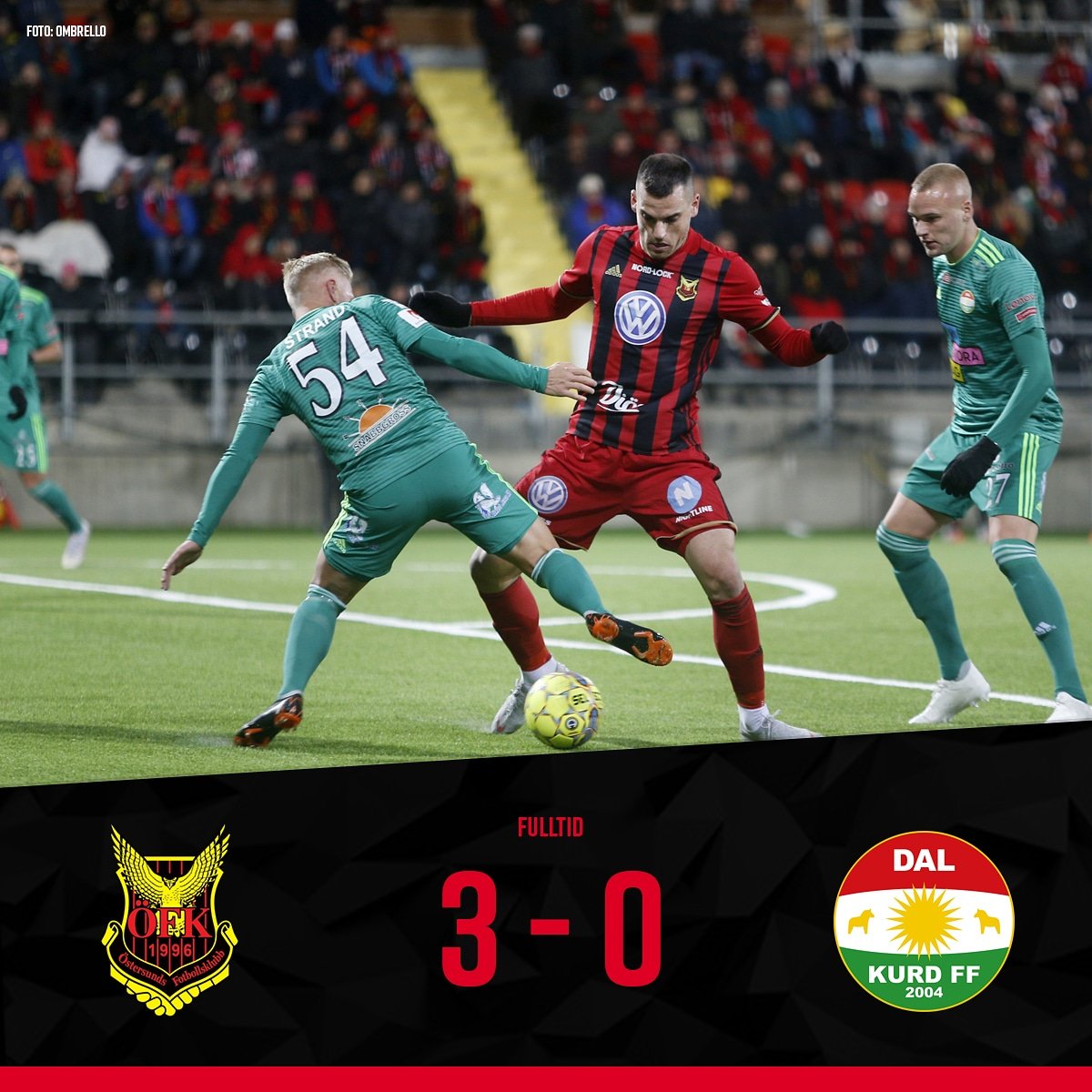 Matchen är slut och vi vinner mot <a href="/DalkurdFF/">Dalkurd FF</a> med stabila 3-0. Målskyttar är Curtis Edwards, Jamie Hopcutt och Noah Sonko Sundberg. Bättre sätt att inleda helgen finns knappast! ❤️🖤

#ÖFKDFF 3-0

#vigerossaldrig
#helajämtlandslag