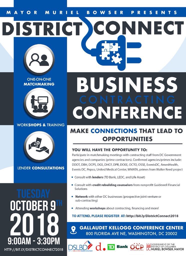 DCDGS's tweet photo. We are 4️⃣ days away from the @MayorBowser ‘s  District Connect, Business Contracting Conference! Join Us, @SmallBizDC and many others for a day of networking, workshops &amp; training, lender consultations and so much more! 🔌More info: @SmallBizDC #ElevateDC #SmallBizDC https://t.co/icrWEzZDDf