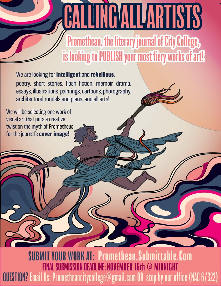 CCNYHumArts's tweet photo. #HumArtsStudents publish your creative work in the Promethean, the #HumArts @CityCollegeNY literary journal: How does the myth of Prometheus appear today in your life and art? Subm ddl 11/16 https://t.co/rspgErvDPO