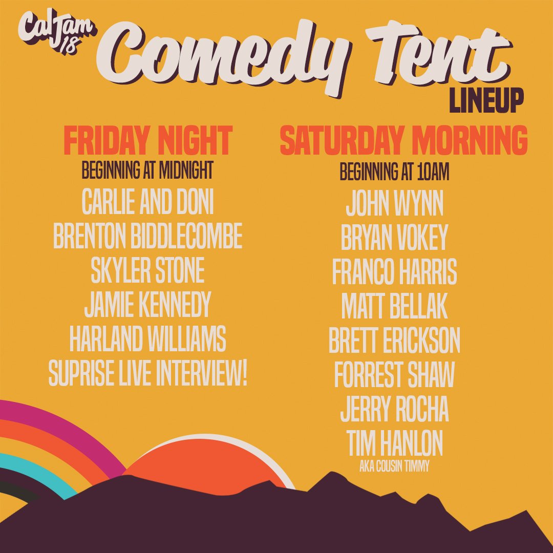 dcjamfest's tweet photo. Camping gates are open!! Campers check out the order for comedy in the campground tonight and tomorrow morning! 🤣
https://t.co/fKA9nsfgM3
#CalJam18 #GoodTimes https://t.co/xDiEt0y0Qw