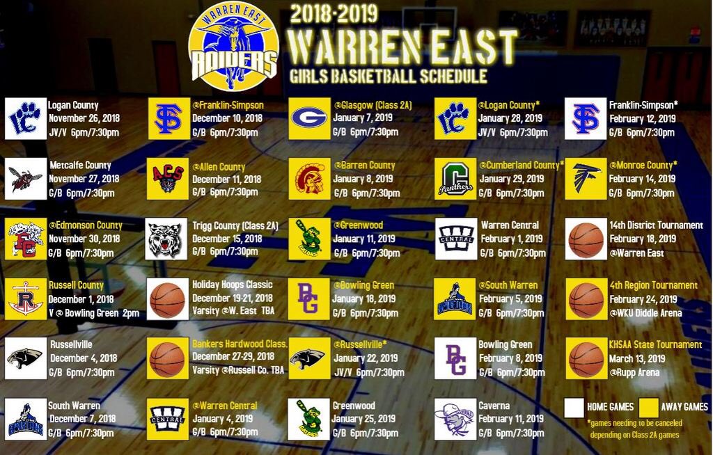 Warren East Lady Raiders 2018-2019 calendar for basketball season. I would like to thank my brother Jody Booth for the design. If you need a calendar done please contact him, he does a great job! WE🏀Leave It All On The Floor🏀
