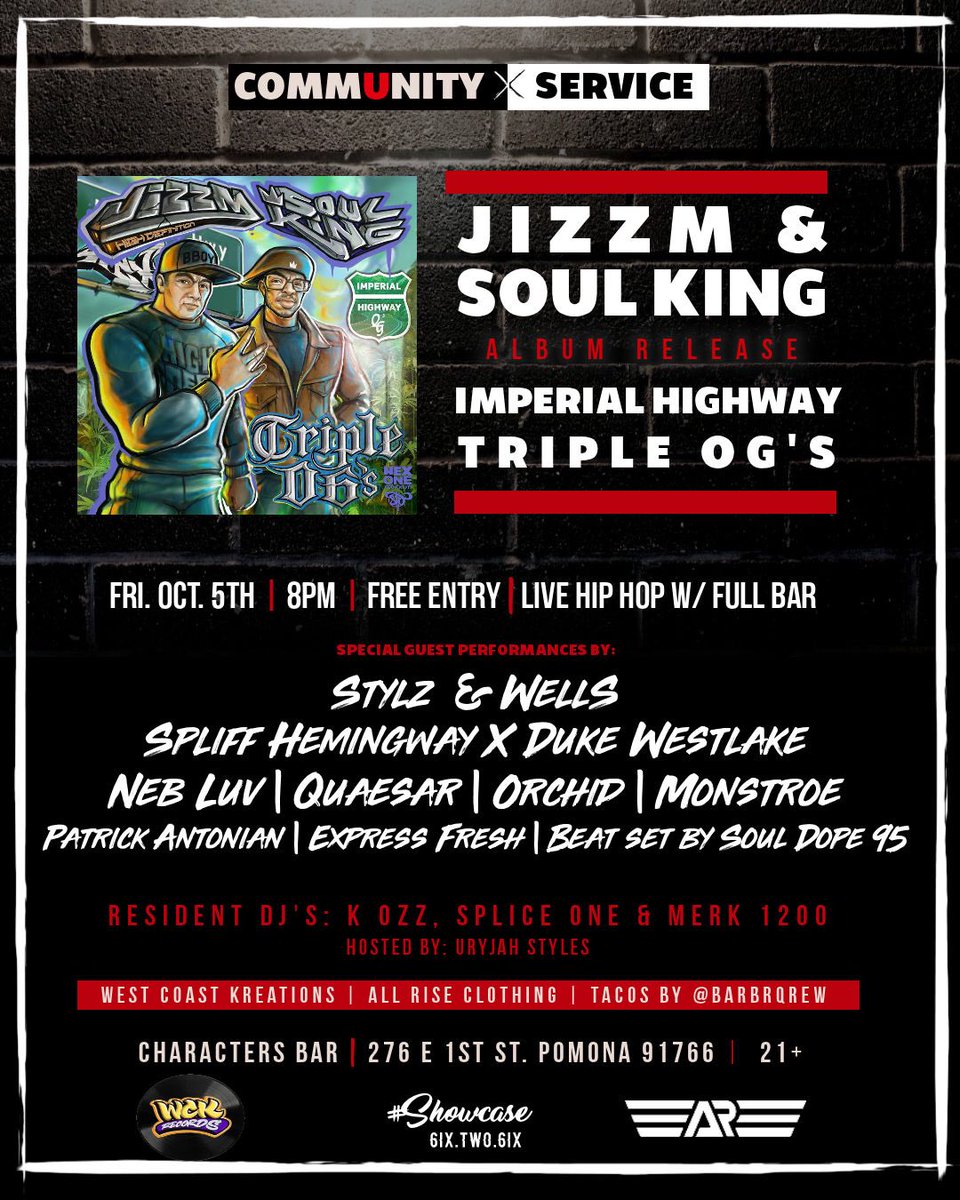Tonight in Pomona, Free show!
<a href="/JizzmHighDef/">Jizzm High Definition</a> &amp; <a href="/SoulKing_SK/">Soul King 🇭🇹 👑</a> album release with special guest <a href="/StyliztikJones/">Steezy</a> <a href="/DukeWestlake/">Duke Westlake</a> <a href="/quaesar/">Quaesar 👾💥🔸🔸🔸🔫</a> @expressionfresh <a href="/NEBLUV/">CaliGurl</a> <a href="/MONSTROE2/">MONSTROE the MC/STROE ONE the GRAFFITI ARTIST</a> <a href="/souldope95/">iselldope🔌📟🎹</a>