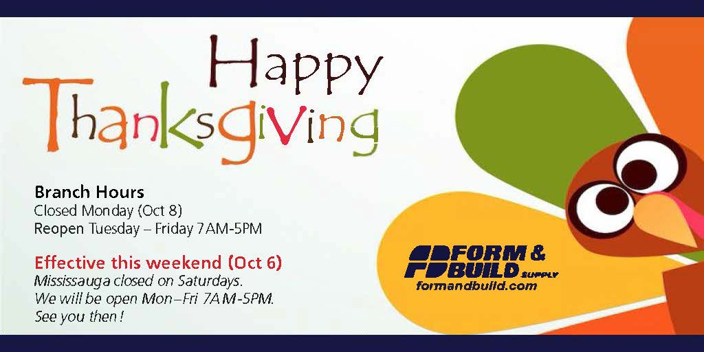 Happy Thanksgiving Everybody!

Pls note Mississauga Branch now closed on Saturdays during winter mths. Will be open @7AM-5PM Mon-Fri, after this Monday holiday!

#London #Hamilton #Windsor #KW #KitchenerWaterloo #Kitchener #Mississauga #Toronto
#WhatGreatCustomerServiceLooksLike!