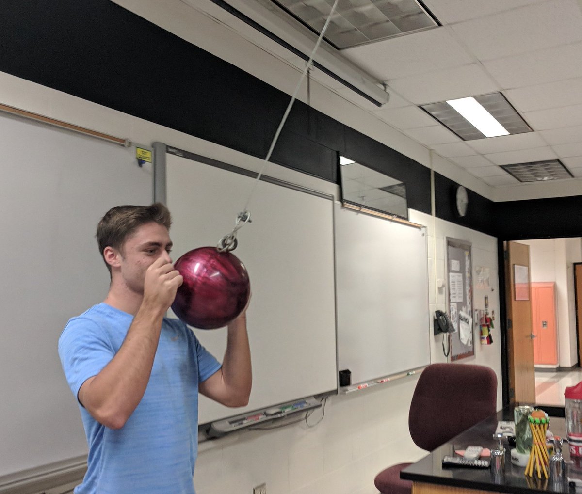 WestSciGuy's tweet photo. Nothing like a bowling ball pendulum flying at your face to wake you up for some afternoon physics!!! #HeartOfAWildcat #WestSTEM https://t.co/Gc8YNz9QJT