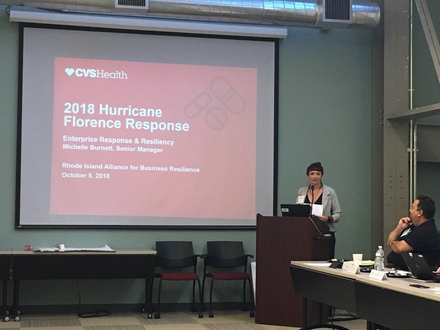Michelle Burnett from <a href="/CVSHealth/">CVS Health</a> Enterprise Response &amp; Recovery shares Hurricane Florence lessons-learned at the <a href="/RI_Alliance/">RIABR</a> Quarterly Meeting. To become a member please visit riabr.org