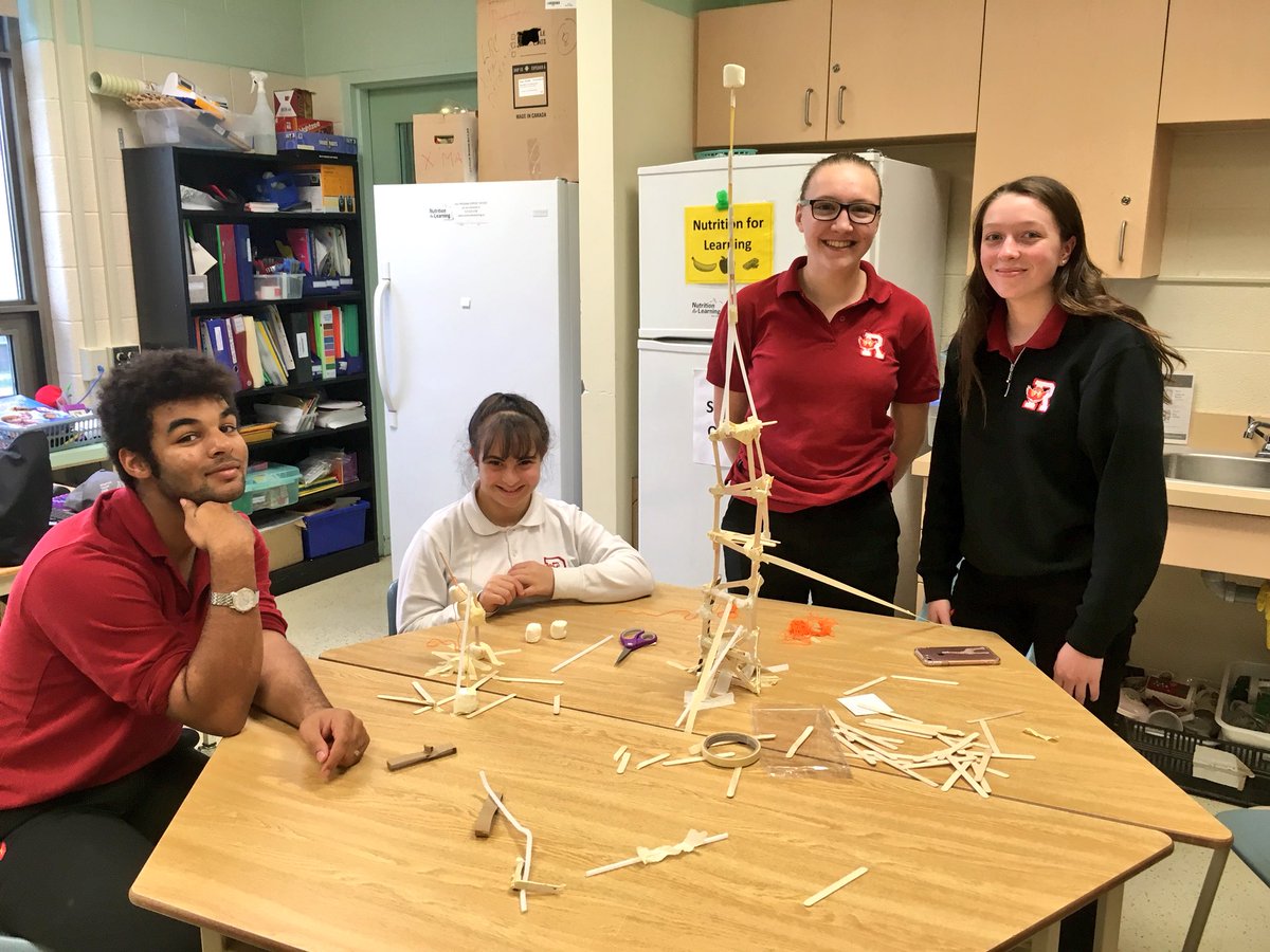 MsGodkin's tweet image. The @ResCSS leadership class had an amazing time collaborating with the community living students to create the tallest structure that could support a marshmallow #WCDSBAwesome #heartofthecommunity #successforeach #aplaceforall learning, growing and building together