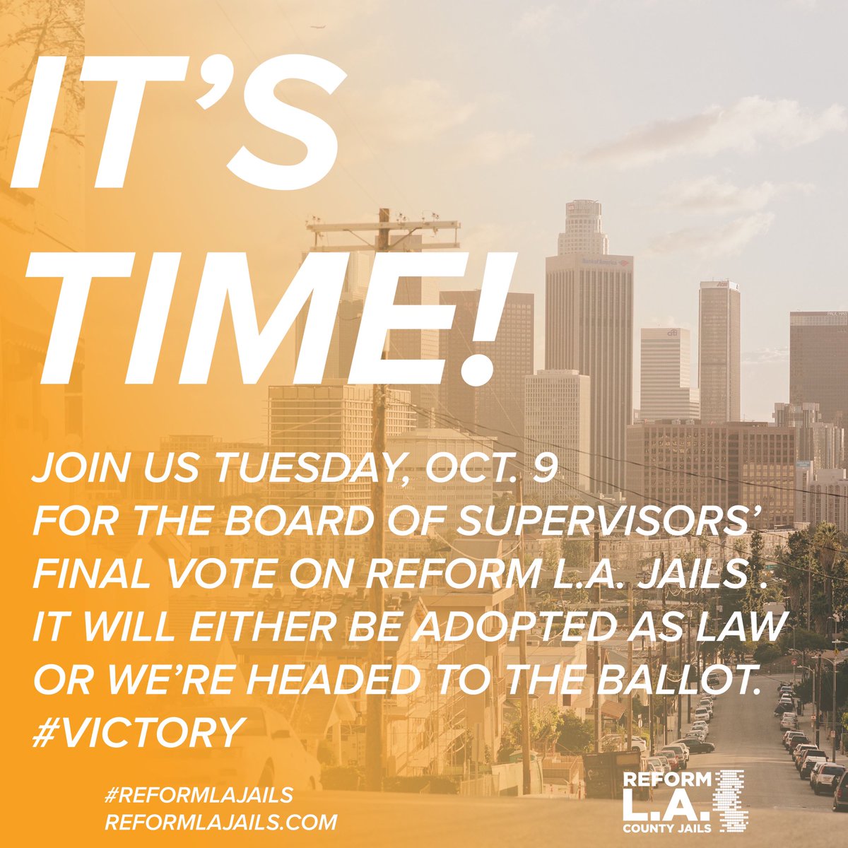 ReformLAJails's tweet photo. It’s time y’all. Save the date, clear your calendar and join us Tuesday, 10/9 at 1PM at the BOS mtg for the FINAL VOTE on #ReformLAJails where it’ll be adopted as law or sent to the ballot. We’re agenda item #19. Come and speak truth to power on why we need subpoena power! https://t.co/cAB6fNvYtN