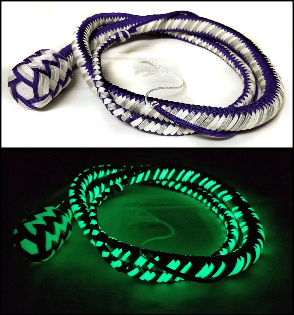 Custom Royal Purple, Silver, and Glow in the Dark White 4ft, 16 Plait Snakewhip, BB Core.
#ckunderground #handmade #whips #whipshop #customwork #customwhips #nylon #paracord #glowinthedark #blacklightparty #lowlight