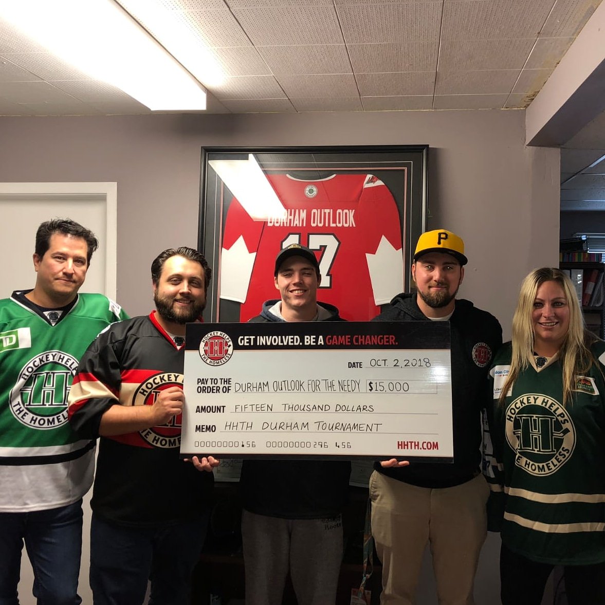 HHTHDurham's tweet photo. 2018 Hockey Helps the Homeless Durham cheque presentation.

Once again we would like to thank everyone for their participation and support. 

This tournament is not possible without ALL of you! https://t.co/GTqyv1DQPi