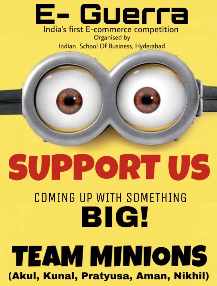 akul_mahajan's tweet photo. #EGuerraIsOn
TEAM MINIONS from NDIM is one of the ten qualifying teams for the Second Round out of 450 Registerations for E- Guerra - India's first E-commerce competition" of Indian  School Of Business, Hyderabad.  
For the Second Round we are Coming with Something BIG!!
#isb https://t.co/68L1T4f1aR