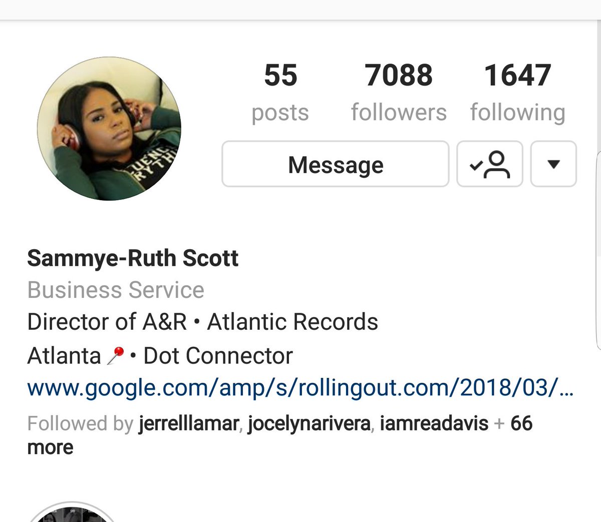 Sammye-Ruth ScottIG:sammye_scottDirector of A&R at Atlantic Records Talent Manager