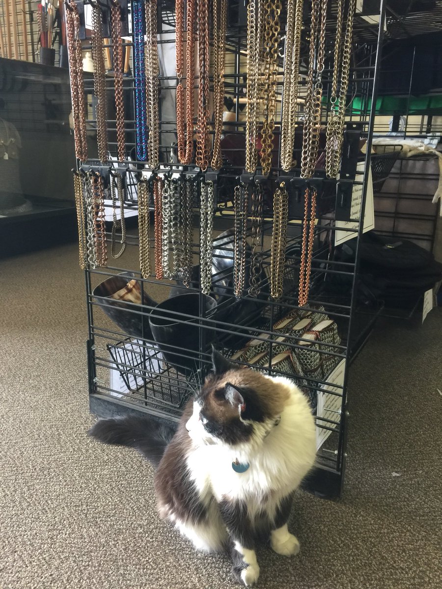 WeSellSwords's tweet photo. One of our sales associates assisting a customer with our selection of hand made #chainmail #jewellery ! *#meow* #shopcat #shoplocal #madeinyyc #madeincalgary #calgarysmallbuisness https://t.co/dRHTLXsU0C