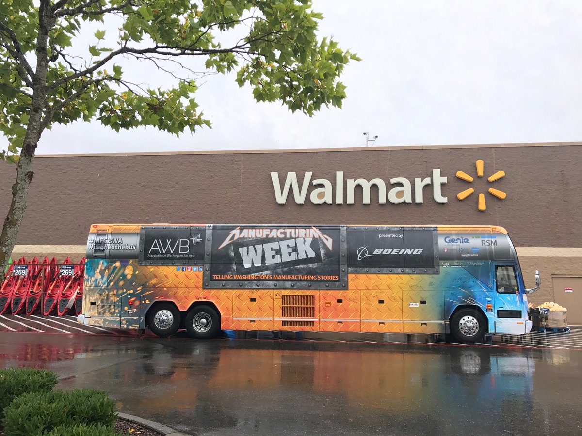 awbolympia's tweet photo. AWB's Gary Chandler joins @Walmart's @debbieherron and Shelton store managers for a Refresh Stop on Day 2 of AWB's 7-day Manufacturing Week bus tour. Thanks, @WalmartInc, for partnering w/ AWB and American companies to keep #MFGstrong. #MFGisWA #isignedthebus #MFGDAY18 @MfgDay https://t.co/DJg3oPVIZw