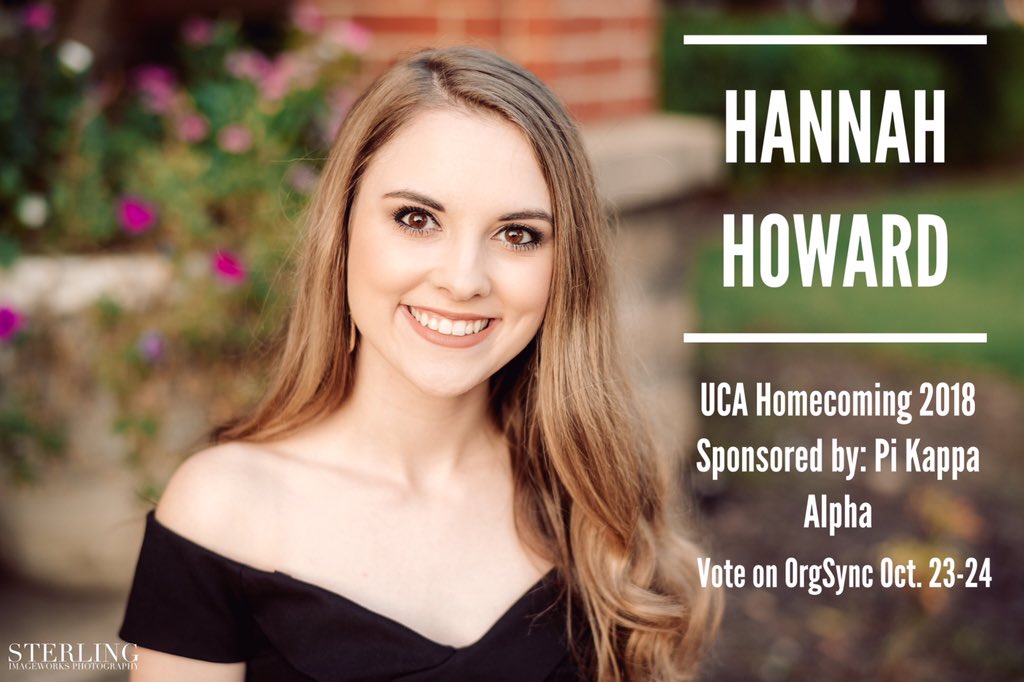 uca_pike's tweet photo. We're happy to announce @HannahhHowardd as our 2018 nominee for homecoming court! Vote on OrgSync on October 23-24! https://t.co/JCtdM1ZTgF