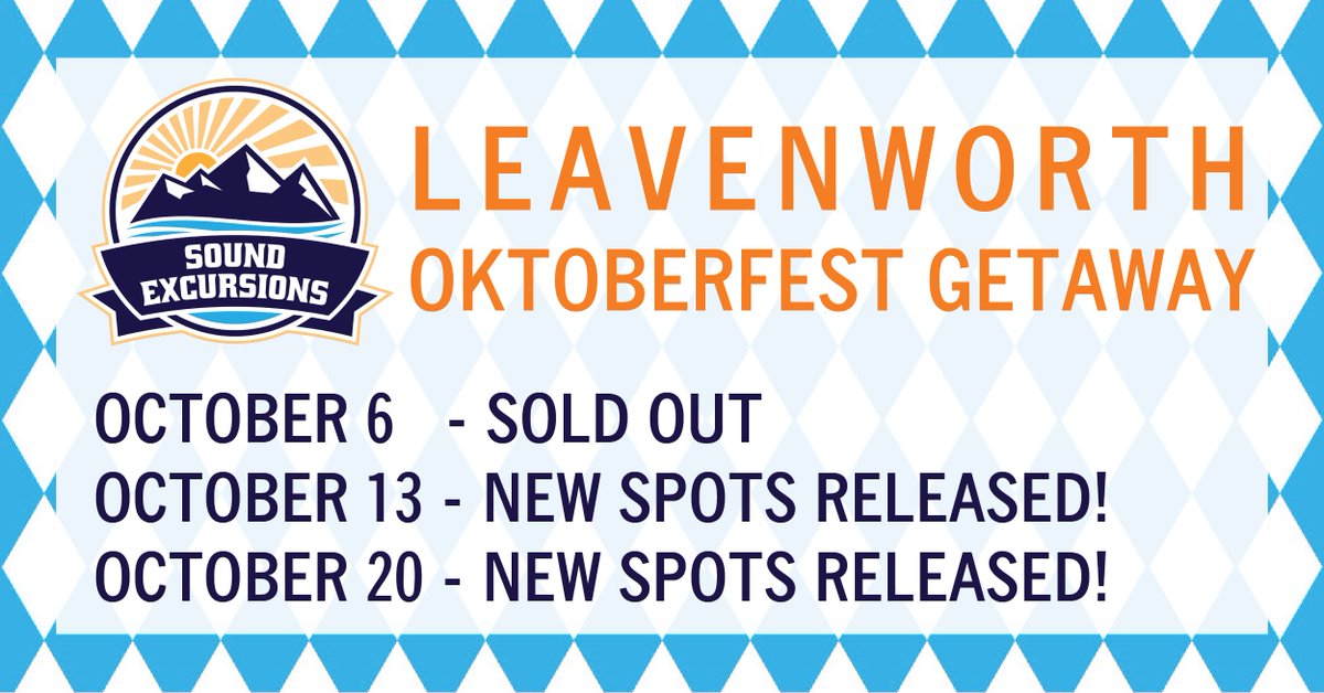 SoundExcursions's tweet photo. Leavenworth Oktoberfest Getaway?! Yes, please! Tix are moving FAST! This weekend is sold out and we have limited spots remaining for 10/13 &amp; 10/20! Call up your best buds and get away for the weekend! Costumes and festive attire are welcome!

Tickets: https://t.co/VBS3rpgZlW https://t.co/MhJ4d5qLLP