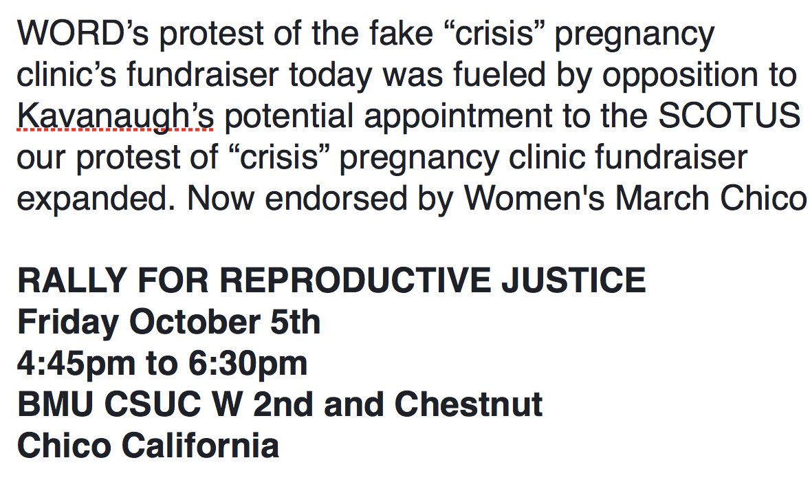BesameChispa's tweet photo. Our protest now bigger with enlarged focus. 
#ExposeFakeClinics #KavaNOPE #WomensMarch @reproaction @PPNorCalAction @theorion_news @ChicoSolNews @ChicoER @ChicoNR @MobilizeChico @ActionNewsNow https://t.co/wjyODm3jox