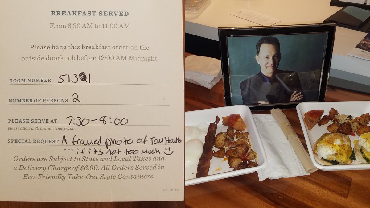 Noellevk's tweet photo. We asked for a framed photo of @tomhanks with our breakfast, and the @hyattregency delivered! #breakfastforthree https://t.co/qQoqS0Blbj