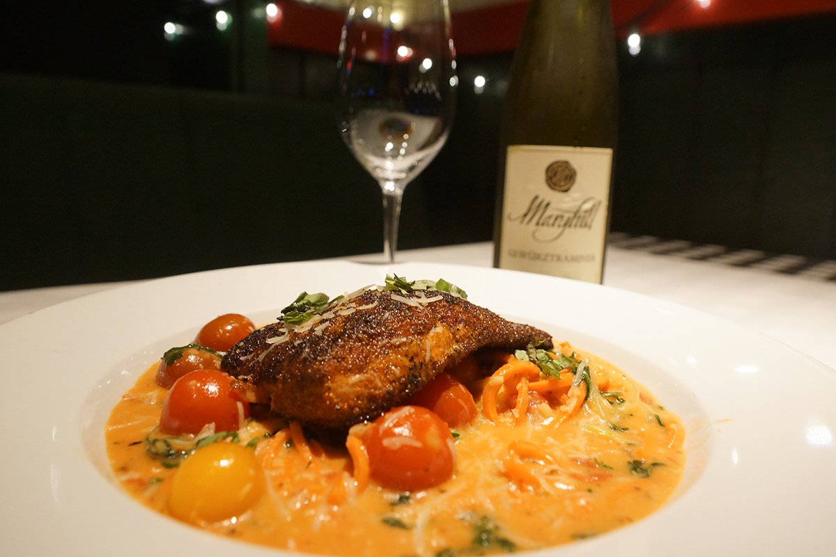 Our weekend feature is a Blackened Coho Salmon!
Served over Zucchini &amp; Carrot noodles, garlic alfredo sauce, 
arugula, heirloom cherry tomatoes, basil and parmesan! 
We look forward to seeing you