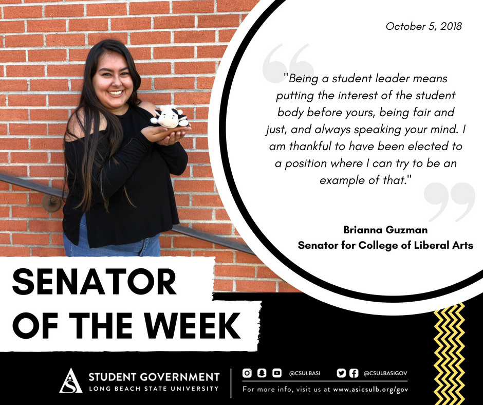 csulbasigov's tweet photo. Join us in congratulating our #SenatorOfTheWeek, Brianna Guzman! 🎉Senator for College of Liberal Arts. #MyASIGov https://t.co/toajSStAGY
