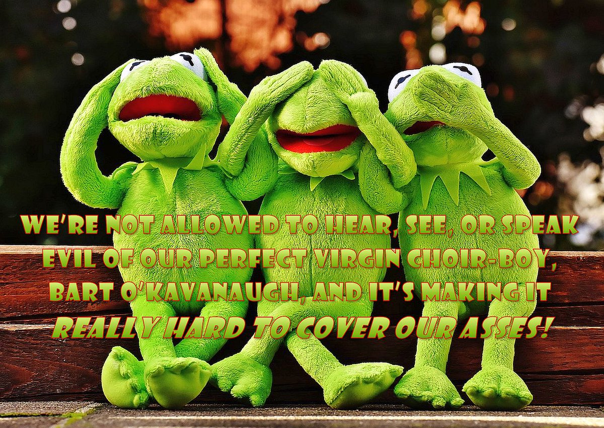 ArmonRaE's tweet photo. @MichaelAvenatti @AskMe_idareyou #CommitteeRepubs are not allowed to hear, see, or speak evil of their perfect virgin choir-boy, #BartOKavanaugh, and it’s making it really hard to cover their asses.
#KavanaughCoverUp #GummyShoe #TPtRump #Avenatti #JulieSwetnick https://t.co/wgdM52W7R4